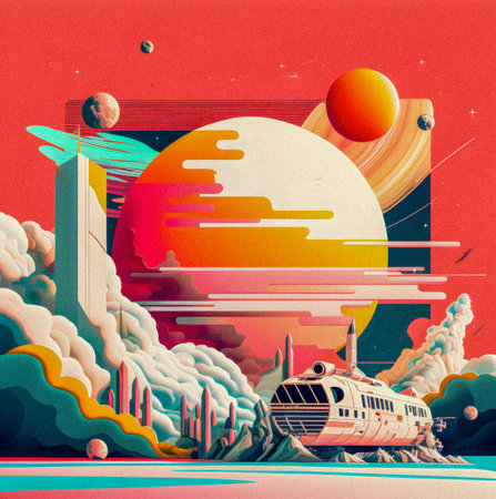 Pop art minimalism retro, futurism art, environmental art, space illustration, granular texture