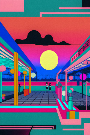 Pop art minimalism retro, futurism art, environmental art, space illustration, granular texture