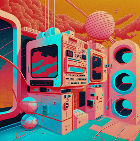Pop art minimalism retro, futurism art, environmental art, space illustration, granular texture