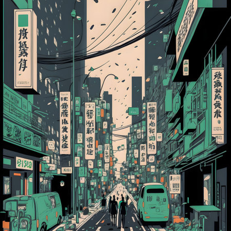 Anime Japan City retro halftone, anime and manga illustrationの写真素材