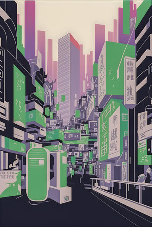 Anime Japan City retro halftone, anime and manga illustrationの写真素材