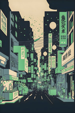 Anime Japan City retro halftone, anime and manga illustrationの写真素材