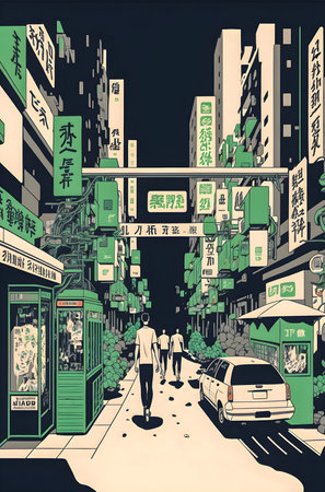Anime Japan City retro halftone, anime and manga illustrationの写真素材