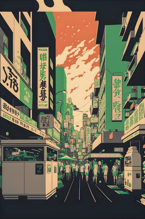 Anime Japan City retro halftone, anime and manga illustrationの写真素材