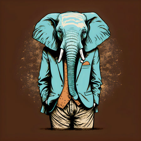 Funny Hipster Cute Elephant Art Illustration, Anthropomorphic Animalsの写真素材