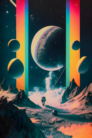 Illustration of Space Landscape, Retro style, Cosmos, Abstract, Crazy, and Psychedelic Backgroundの写真素材