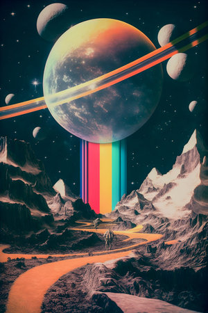 Illustration of Space Landscape, Retro style, Cosmos, Abstract, Crazy, and Psychedelic Background