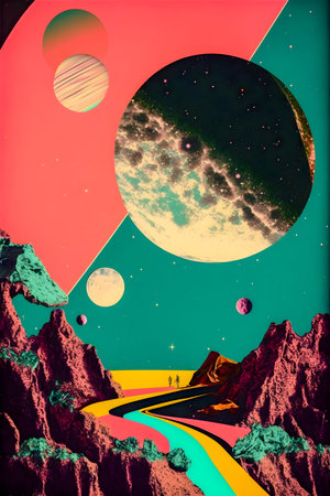 Illustration of Space Landscape, Retro style, Cosmos, Abstract, Crazy, and Psychedelic Background