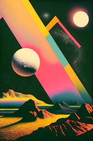 Illustration of Space Landscape, Retro style, Cosmos, Abstract, Crazy, and Psychedelic Background