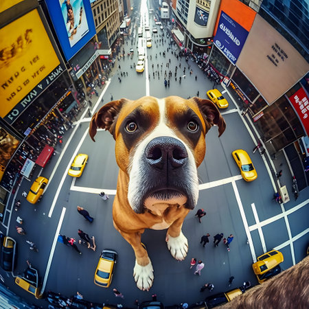 Big Dog face portrain in city square, eye camの写真素材