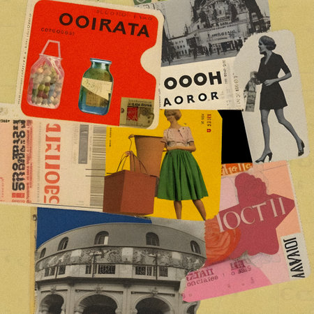 Vintage product labels, collage art, granular textureの写真素材