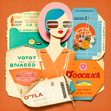 Vintage product labels, collage art, granular textureの写真素材