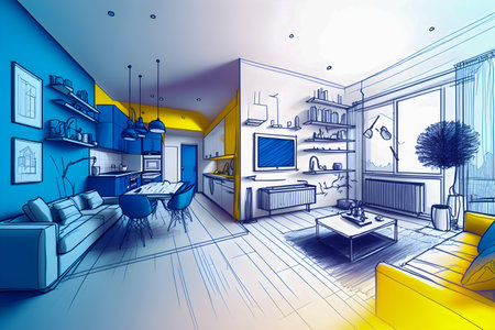 Sketch and Blueprint, bright interior of a new apartment, hand drawn illustrationの写真素材