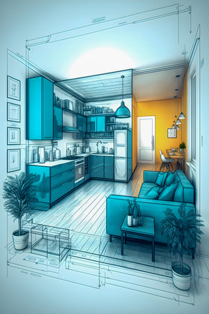 Sketch and Blueprint, bright interior of a new apartment, hand drawn illustrationの写真素材
