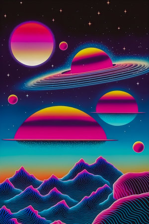 <p>Planets in retro poster style, dark galaxy, cosmic illustration</p>の写真素材
