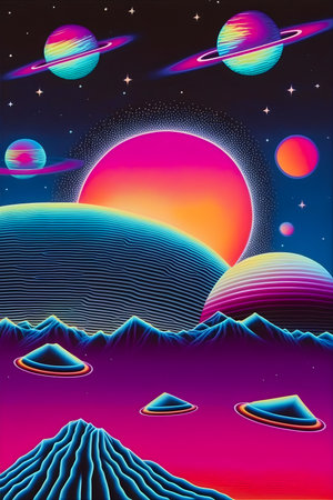<p>Planets in retro poster style, dark galaxy, cosmic illustration</p>の写真素材