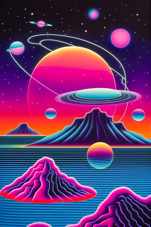 <p>Planets in retro poster style, dark galaxy, cosmic illustration</p>