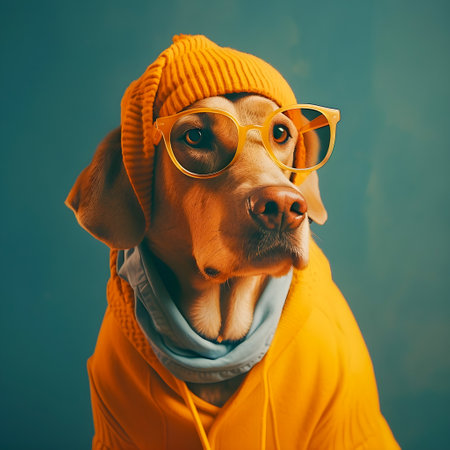 Hipster Cute Dog with glasses, Funny Art Illustration, Anthropomorphic Dogs, AI Generatedの素材