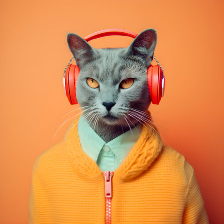 Hipster Cute Cat, Funny Art Illustration, Anthropomorphic Cats, AI Generatedの素材