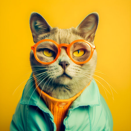 Hipster Cute Cat, Funny Art Illustration, Anthropomorphic Cats, AI Generatedの素材
