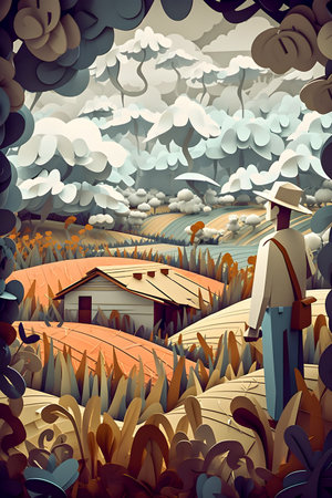 Colombian landscape, mountains and village, paper cut illustration, AI Generatedの素材
