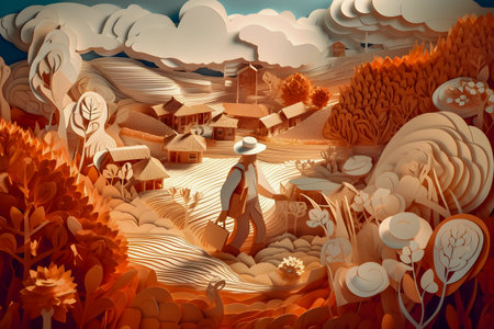 Colombian landscape, mountains and village, paper cut illustration, AI Generatedの素材