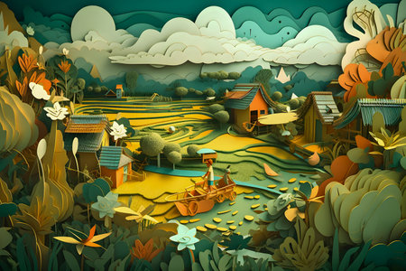 Colombian landscape, mountains and village, paper cut illustration, AI Generatedの素材