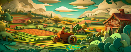 Colombian landscape, mountains and village, paper cut illustration, AI Generatedの素材