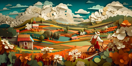 Colombian landscape, mountains and village, paper cut illustration, AI Generatedの素材