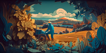 Colombian landscape, mountains and village, paper cut illustration, AI Generatedの素材