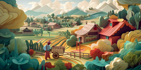 Colombian landscape, mountains and village, paper cut illustration, AI Generatedの素材