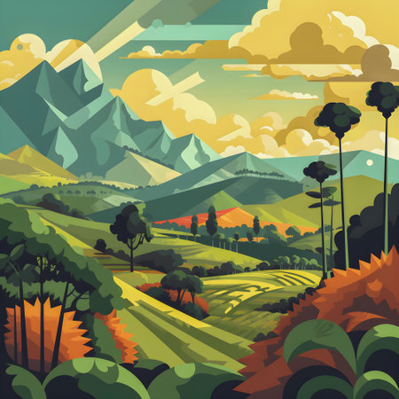 Colombian landscape, mountains and village, flat design, AI Generatedの素材