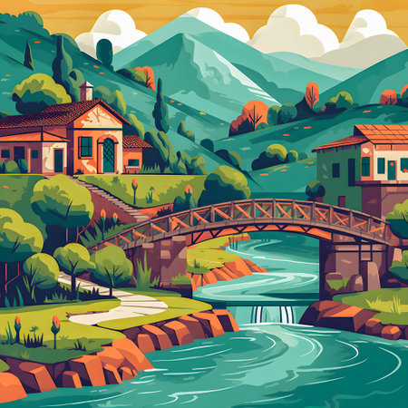 Colombian landscape, mountains and village, flat design, AI Generatedの素材