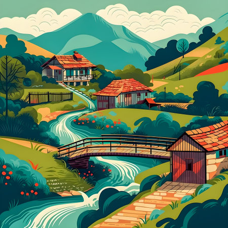 Colombian landscape, mountains and village, flat design, AI Generatedの素材