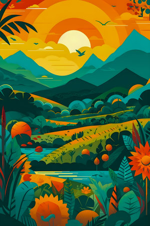 Colombian landscape, mountains and village, flat design, AI Generatedの素材