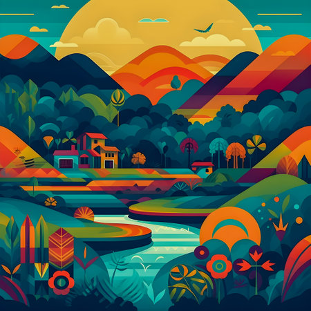 Colombian landscape, mountains and village, flat design, AI Generatedの素材