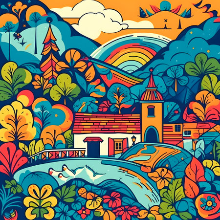 Colombian landscape, mountains and village, flat design, AI Generatedの素材
