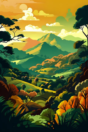 Colombian landscape, mountains and village, flat design, AI Generatedの素材
