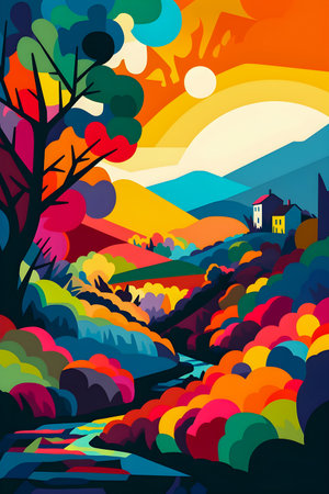 Colombian landscape, mountains and village, flat design, AI Generatedの素材