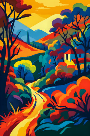 Colombian landscape, mountains and village, flat design, AI Generatedの素材