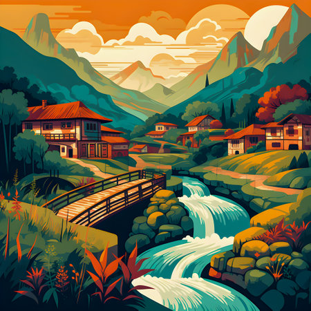 Colombian landscape, mountains and village, flat design, AI Generatedの素材