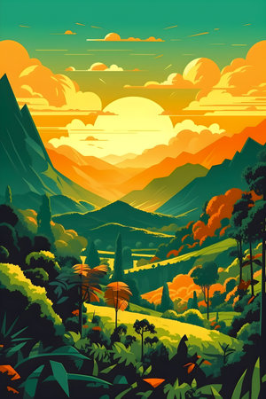 Colombian landscape, mountains and village, flat design, AI Generatedの素材