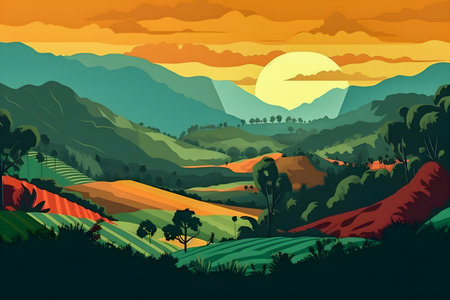Colombian landscape, mountains and village, flat design, AI Generatedの素材