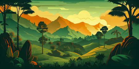 Colombian landscape, mountains and village, flat design, AI Generatedの素材