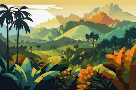 Colombian landscape, mountains and village, flat design, AI Generatedの素材