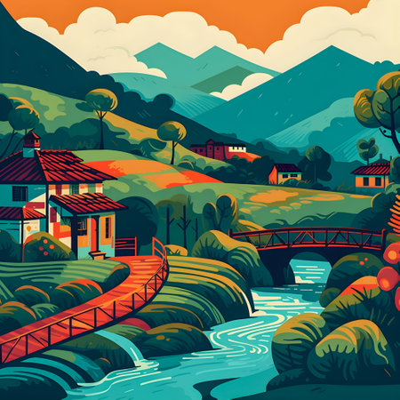 Colombian landscape, mountains and village, flat design, AI Generatedの素材