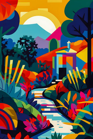 Colombian landscape, mountains and village, flat design, AI Generatedの素材