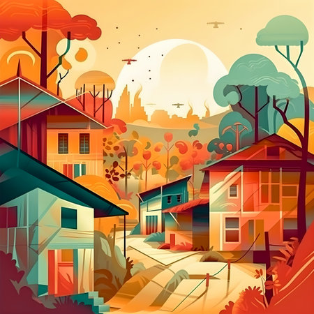 Colombian landscape, mountains and village, flat design, AI Generatedの素材
