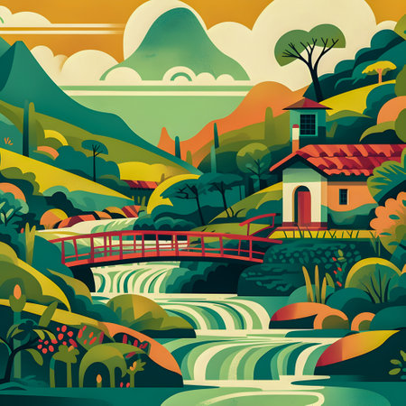 Colombian landscape, mountains and village, flat design, AI Generatedの素材