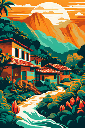 Colombian landscape, mountains and village, flat design, AI Generatedの素材